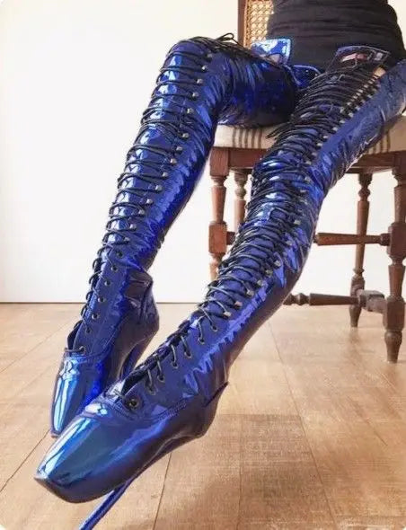 Sexy Patent Leather Round Toe Over-The-Knee Women Ballet Boots Stilrtto High Heels Lace Up Design Large Size Dress Shoes
