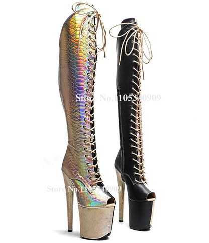 Bondarenko Gold Snakeskin Leather Patchwork Black Stiletto Heel Over Knee High Boots Peep Toe High Platform Thin Heel Dance Shoe