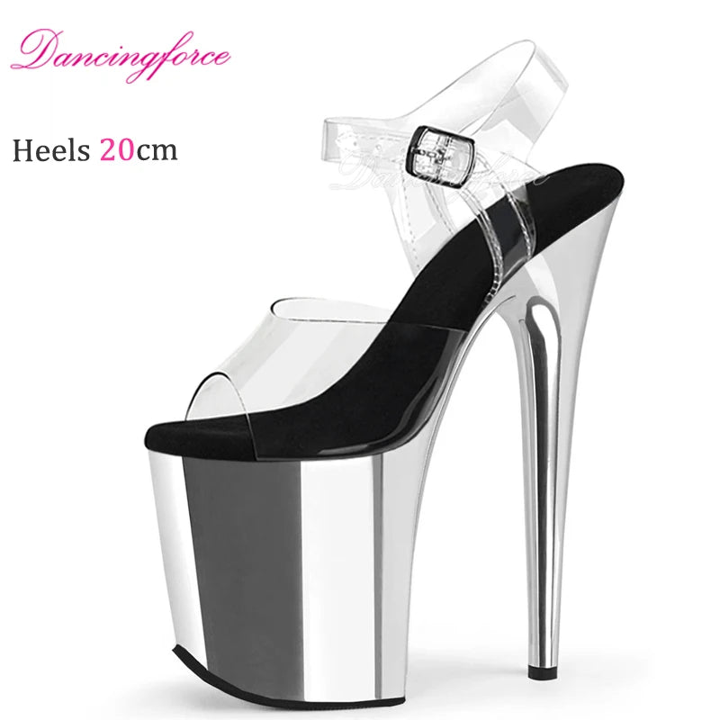 20CM/8inches Luxury Transparent TPU Upper Chrome Platform Pole Dance Shoes Women Sandals Stripper High Heels Open Toe