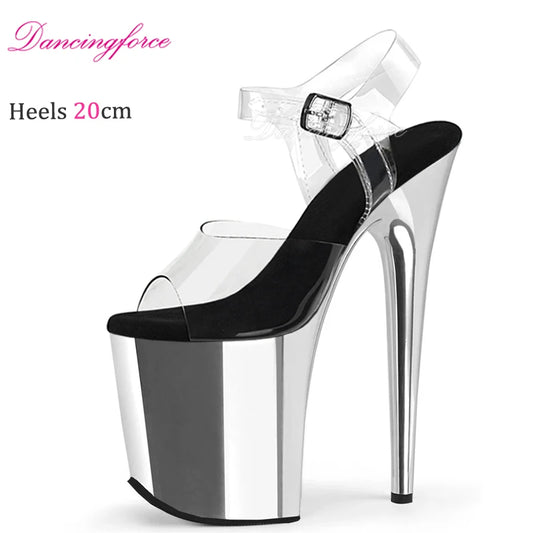 20CM/8inches Sexy  Stripper Chrome Platform Steel Pipe Exotic Pole Dance Sandals Fashion Crystal TPU Women's Shoes Summer
