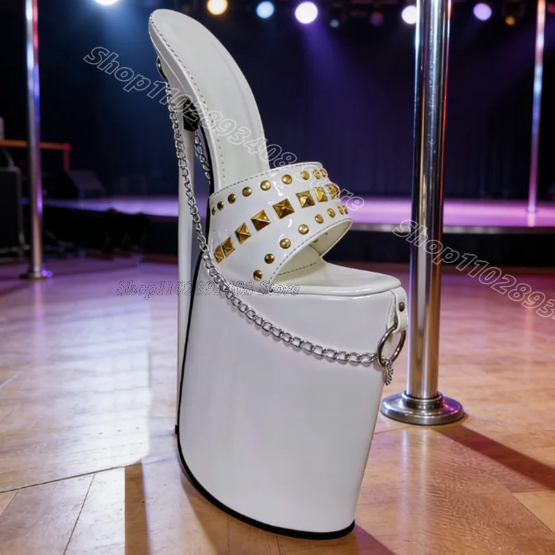 Black Rivet Chain Decor Sexy Slippers Patent Leather Open Toe Summer British Style Women Party Dress Shoes Zapatos Para Mujere