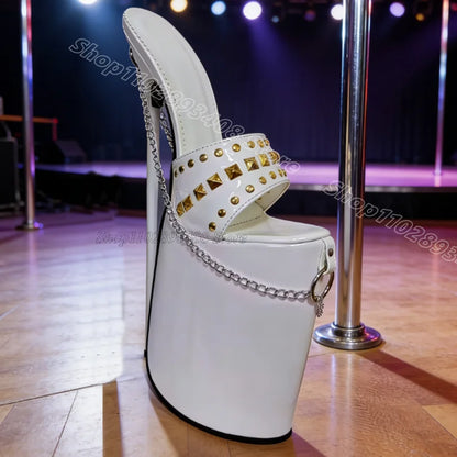 Black Rivet Chain Decor Sexy Slippers Patent Leather Open Toe Summer British Style Women Party Dress Shoes Zapatos Para Mujere