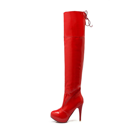 REAVE CAT 2021 Sexy Over The Knee Boots Patent Leather Velvet Round Toe Lace Up Platform 11cm Thin Heel US12 White Red A4348