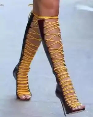 Women Yellow White Black Leather Patchwork Cross Tied Lace Up Peep Toe Thin Heels Zipper Back Gladiator Knee High Sandals Boots