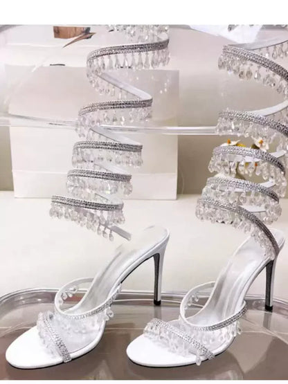 Thin high-heeled sandals summer new snake-shaped wrapped crystal pendant fringed rhinestone shoes banquet large-size women shoes
