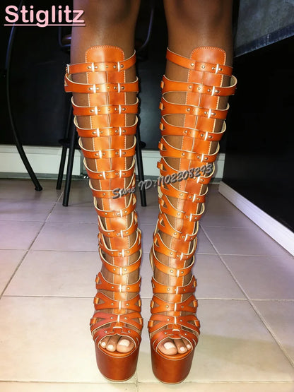 Retro Brown Hollow Knee-high Sandals Open Toe Cross-tied Platform High Heels 2026 Summer Fashion New Roman Party Women Shoes