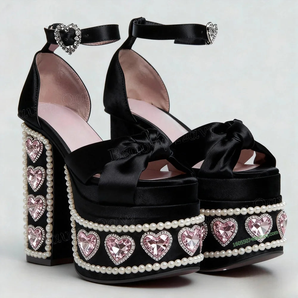 Pink Crystal Heart Decor Platform Pumps Pearl Decor Chunky Heel Round Toe High Shoes for Women Heels Shoes Zapatos Para Mujere