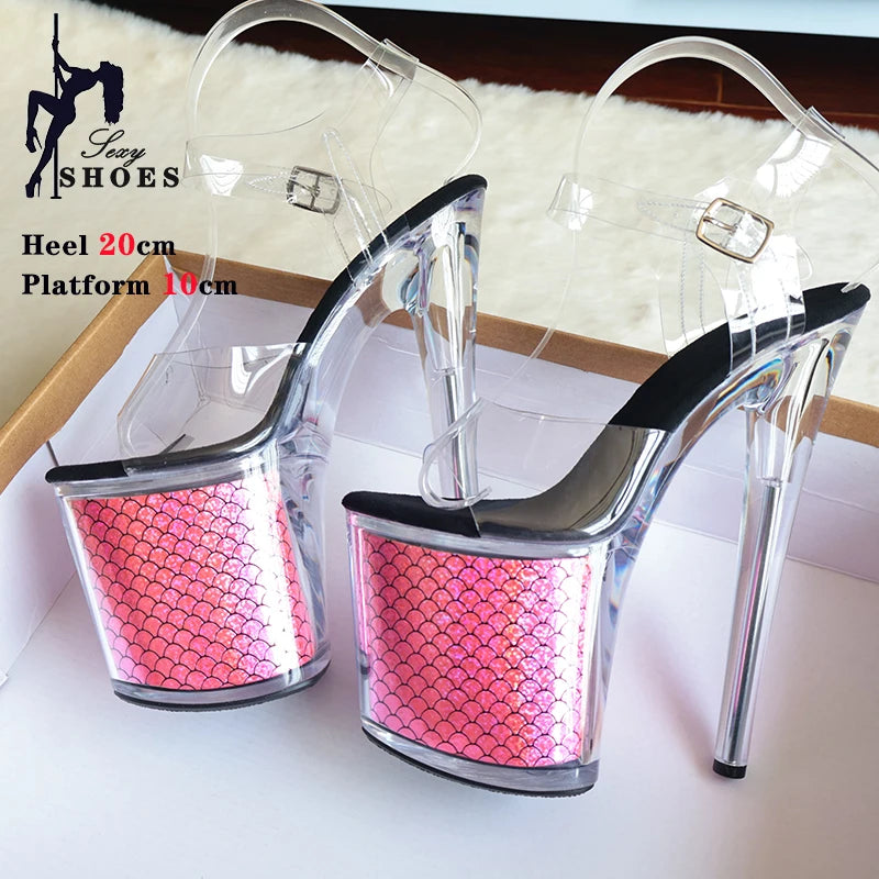 Colorful Fish Scale Pole Dancing Shoes Open Toe Crystal Platform High Heels Sexy 17CM 20CM Sandals Women Party Stripper Shoes
