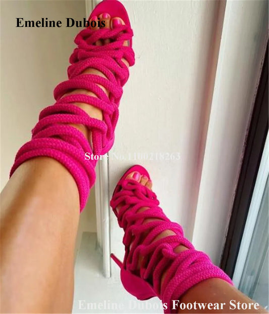 Sexy Rope Gladiator Sandals Emeline Dubois Open Toe Rose Pink Thick Bands Stiletto Heel Dress Heels Lace-up Party Pumps