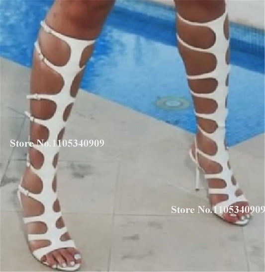 Bondarenko White Black Matte Leather Stiletto Heel Knee High Gladiator Boots Open Toe Thin Heel Long Party Dance Shoes