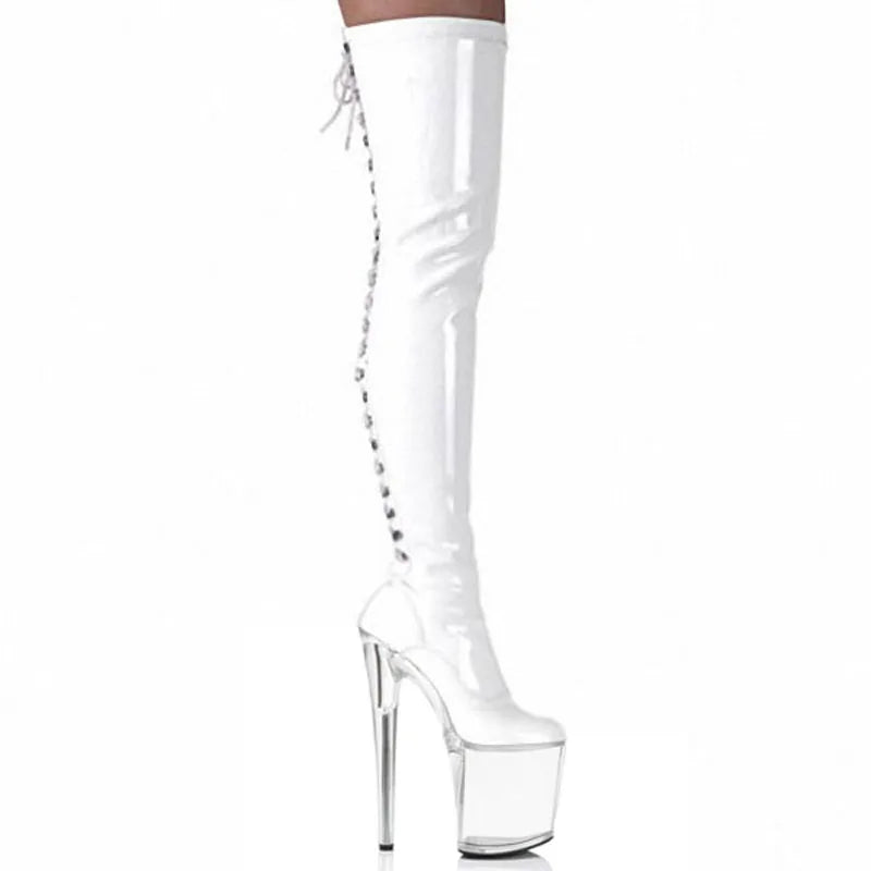 20cm Stripper High Heel Platform Sexy Shoes Over The Knee Boots Black Hollow Lace Up 8 Inch Long Pole Dance Strappy Combat Queen