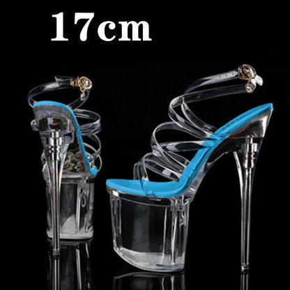 Stripper Heels Women Sandal Female Model T Station Catwalk Sexy Crystal Transparent Shoes High Heels Waterproof Head Sandals