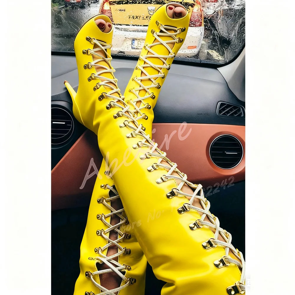 Women'S White Hollow Open Toe Sandals Boots Stiletto Cross Strap Wedding Over-The-Knee Boots Elegant Party Dress High Heels 46