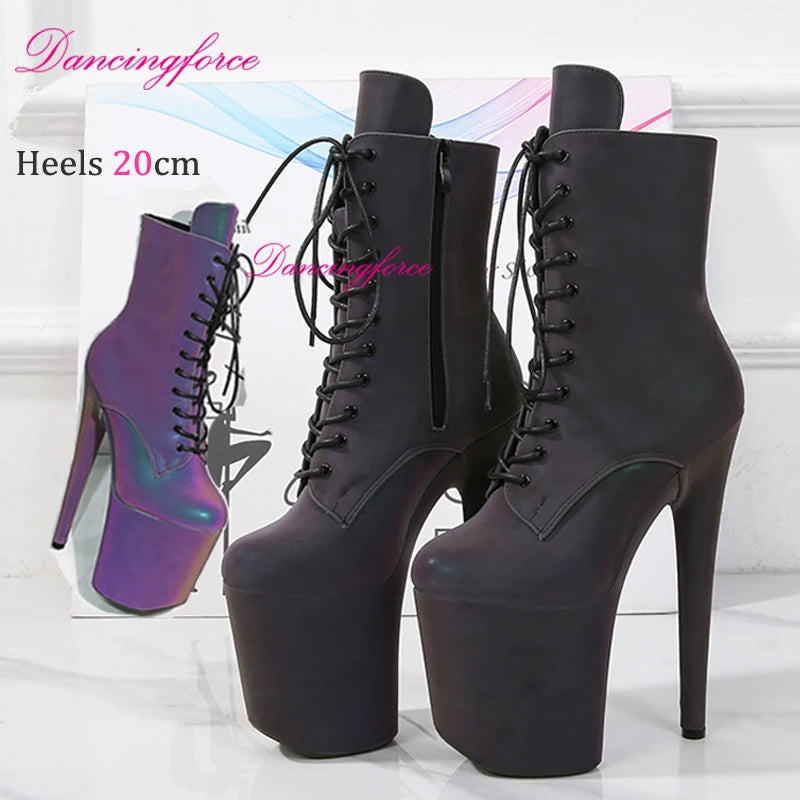 20cm/8Inch Glossy Silver Holographic Ankle Boots Sexy Pole Dance Shoes Women Thin Heels Stripper Platform Short Boots EU43