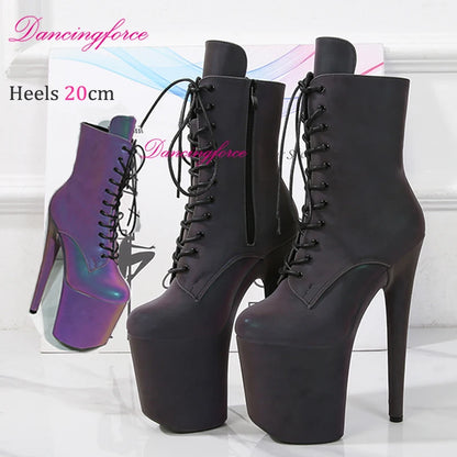 20cm/8Inch Glossy Silver Holographic Ankle Boots Sexy Pole Dance Shoes Women Thin Heels Stripper Platform Short Boots EU43