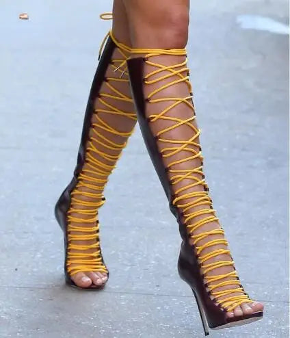 Women Yellow White Black Leather Patchwork Cross Tied Lace Up Peep Toe Thin Heels Zipper Back Gladiator Knee High Sandals Boots