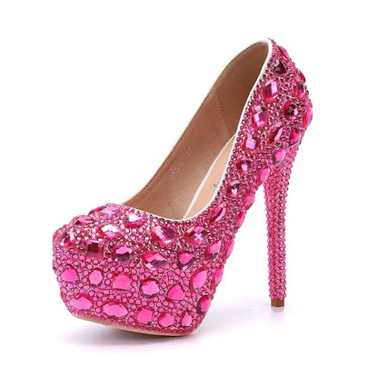 Sexy Fashion Women's Pumps Rhinestone Platform Wedding PU 14CM Thin Heels Round Toe Shallow Party Blue Pole Dancing Woman Shoes