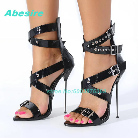 Multi Belt-Buckles Cross-Tied Sandals Peep Toe Thin Heels Patent-Leather Shoes for Women Back Zipper Sexy Party Street Shoes New