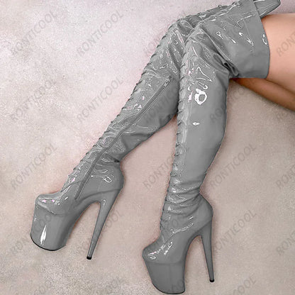 Ronticool New Women Platform Over The Knee Boots Side Zipper Stiletto Heels Round Toe Gorgeous Red Party Shoes US Size 6-12