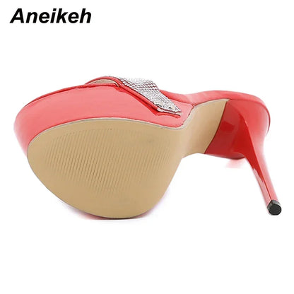 Aneikeh Sexy Platform Bling Ultra High Mules Slippers PU Slides Adult New Fashion Women's Shoes Summer Rome Classics Polka Dot