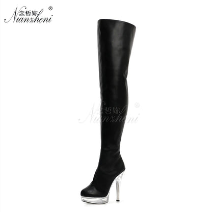 Sexy Punk Pole Dance Over The Knee Boots 8 Inch High 20cm Stripper Heels Long Fetish Shoes Gothic Combat Platform Women's Black
