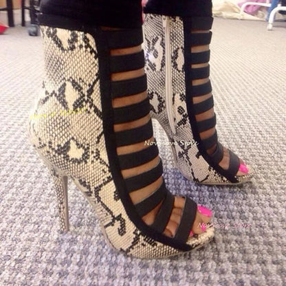 Open Toe Snake Pattern Ankle Boots Cutouts Sandals Booties Stiletto High Heels Strappy Shallow Sandals Sewing Summer Single Shoe