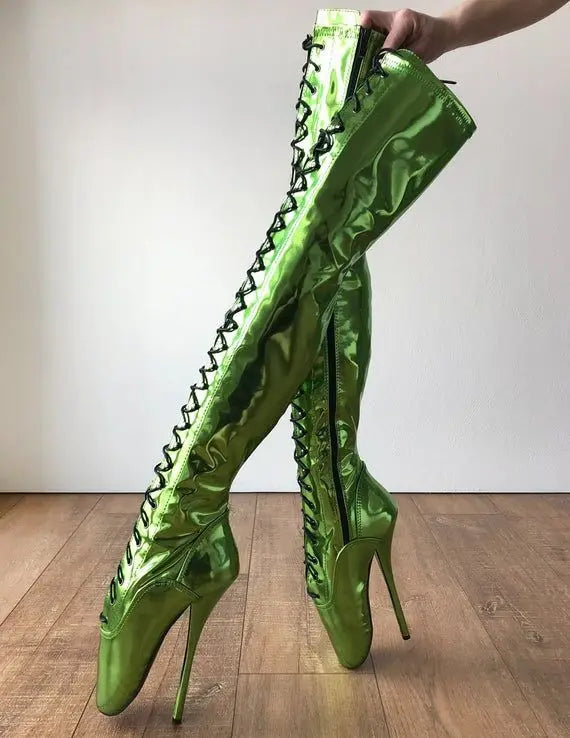 Sexy Patent Leather Round Toe Over-The-Knee Women Ballet Boots Stilrtto High Heels Lace Up Design Large Size Dress Shoes