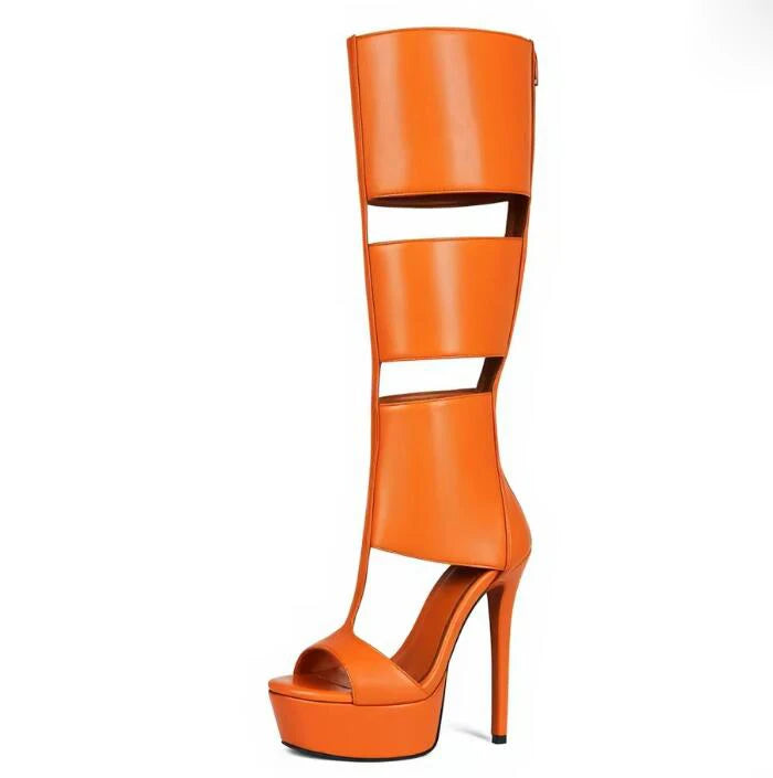 Super Platform Knee Sandal Boots Women Caged Thick T-Strap Gladiator Open Toe Back Zipper Summer Cutout Botas Lady Shoes