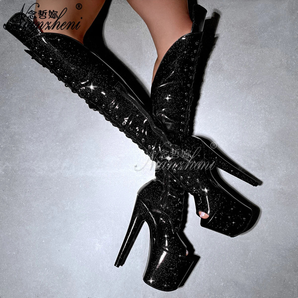 Glitter Purple 8inch High Heels Sexy 20cm Stiletto Over The Knee Bootsg Combat Platform Pole Dance Shoes Exotic Stripper Women