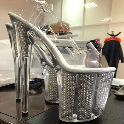 20 cm sexy transparent platform sequined decoration, 8 inch stiletto banquet nightclub shoes/pole dancing model sandals