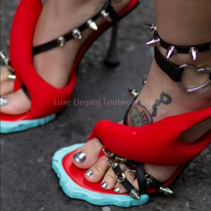 Patchwork Rivets Flower Sole Stiletto Sandals Women Open Toe Buckle Strap High Heels Fashion Trendy Party Catwalk Ladies Shoes