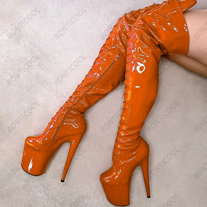 Ronticool New Women Platform Over The Knee Boots Side Zipper Stiletto Heels Round Toe Gorgeous Red Party Shoes US Size 6-12