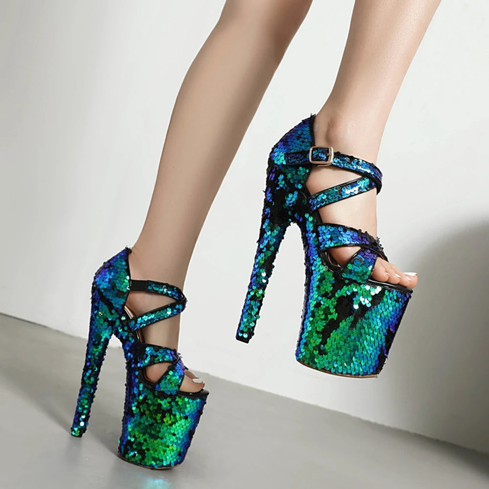 Women Sandals Shine Fine High Heels Open Toe Sexy Party Dress Wedding Shoes Bridal Cross Buckle Dance Platform Sandals 197-3