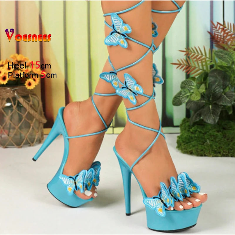 Fashion Platform Sandals 15CM High Heels Butterfly Ankle Strap Shoes For Women 2025 Summer Thin Heel Lace-up Pole Dance Sandals