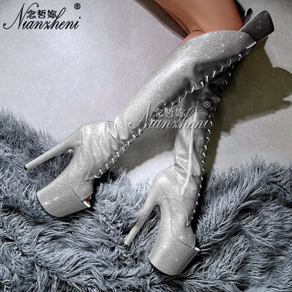 Glitter Purple 8inch High Heels Sexy 20cm Stiletto Over The Knee Bootsg Combat Platform Pole Dance Shoes Exotic Stripper Women