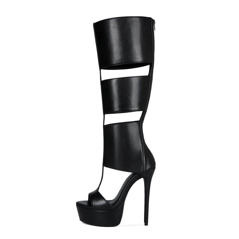 Super Platform Knee Sandal Boots Women Caged Thick T-Strap Gladiator Open Toe Back Zipper Summer Cutout Botas Lady Shoes