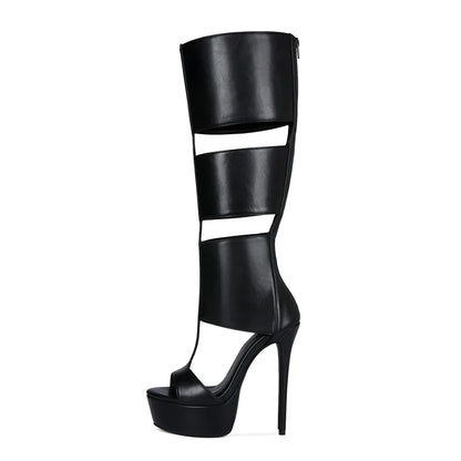 Super Platform Knee Sandal Boots Women Caged Thick T-Strap Gladiator Open Toe Back Zipper Summer Cutout Botas Lady Shoes