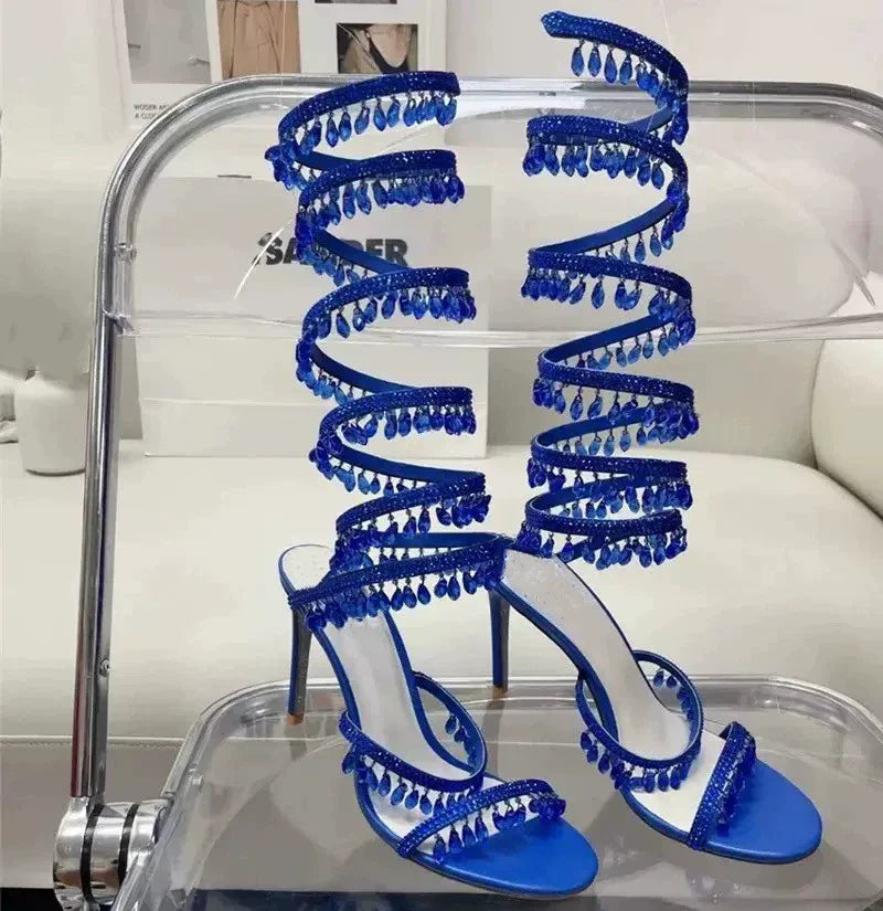 Thin high-heeled sandals summer new snake-shaped wrapped crystal pendant fringed rhinestone shoes banquet large-size women shoes