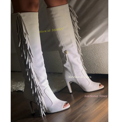 Peep Toe White Tassels Knee High Boots Side Zip Sewing Fringe Sexy Women Stiletto High Heels Long Booties Daily Shoes Party