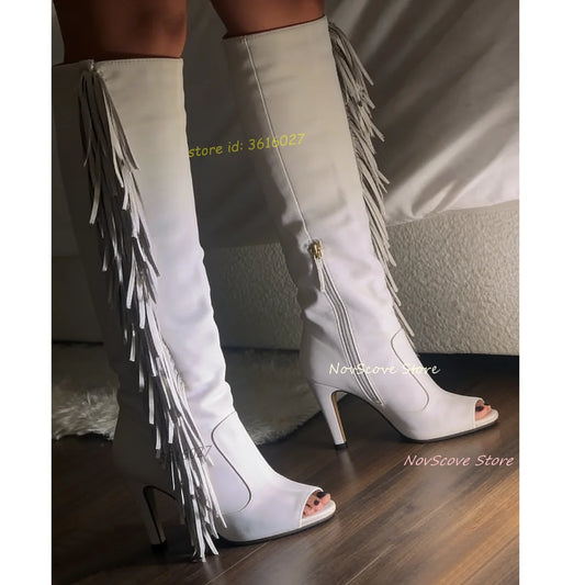 Peep Toe White Tassels Knee High Boots Side Zip Sewing Fringe Sexy Women Stiletto High Heels Long Booties Daily Shoes Party