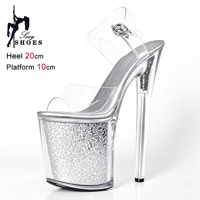 Pole Dancing Model Sandals New 20cm Sexy Transparent Platform Women Sandals Sequined Decoration Stiletto Banquet Nightclub Shoes