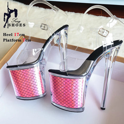 Colorful Fish Scale Pole Dancing Shoes Open Toe Crystal Platform High Heels Sexy 17CM 20CM Sandals Women Party Stripper Shoes