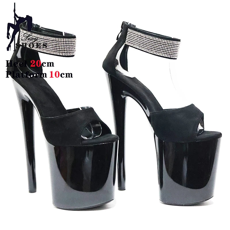 20cm/8inchs High-heeled Sandals Women's Summer Strap Thin Heel Black Sandals Stripper Pole Dance Dress Models Nightclub Shoes