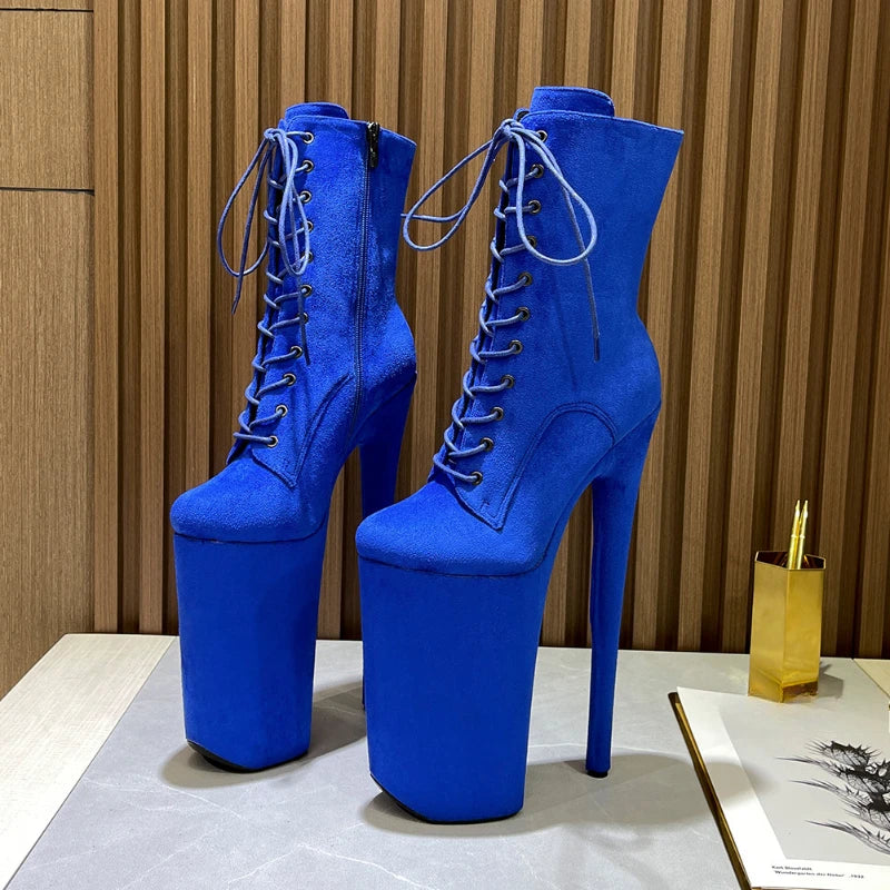2025 Women Sexy Fashion Ankle Boots 26cm Super High Thin Heel Round Toe Lace Up Flannel Pole Dance Boots Catwalk Stage Shoes