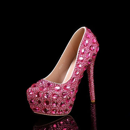 Sexy Fashion Women's Pumps Rhinestone Platform Wedding PU 14CM Thin Heels Round Toe Shallow Party Blue Pole Dancing Woman Shoes