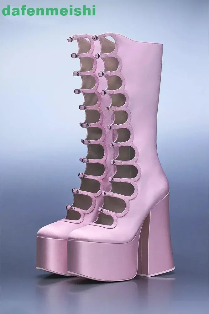 2026 New Hollow Mid-Calf Boots Platform Zipper Square Heel Buckle Strap Women Pole Dance Shoes Fashion Round Toe Sexy Boots