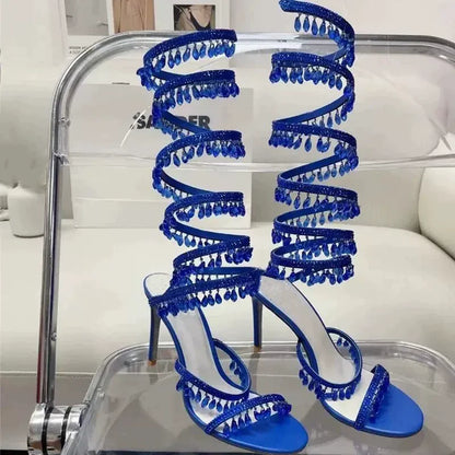Thin high-heeled sandals summer new snake-shaped wrapped crystal pendant fringed rhinestone shoes banquet large-size women shoes