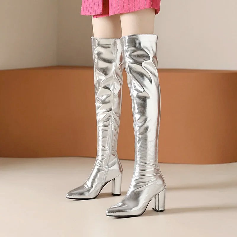 Sexy Over the Knee High Boots Women Party Dance Winter Shoes Ladies Silver Gold Thick High Heel Custom