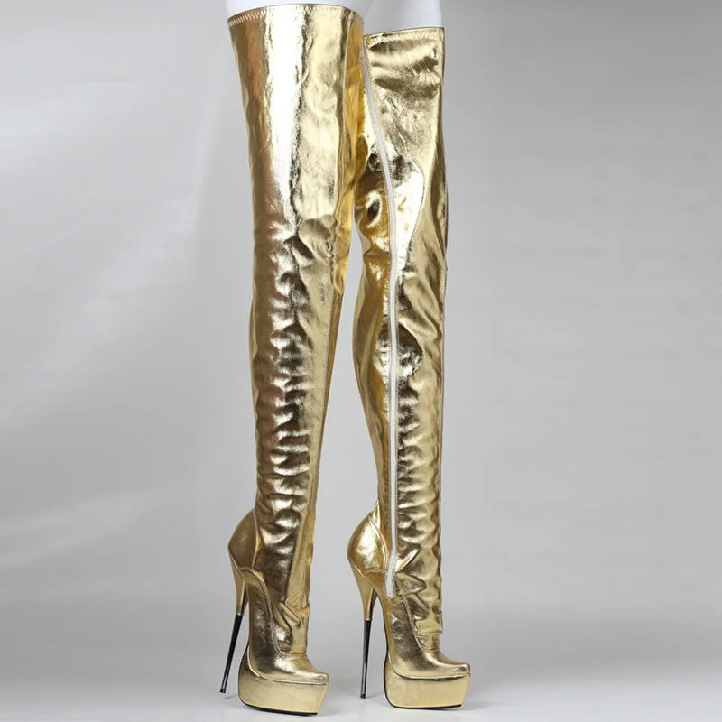 Women Thigh High Boots,Sexy 21cm Stiletto Metal Heel,Platform Long Botas,Unisex Pole Dancing Shoes,Side Zip,Gold,Custom Colors