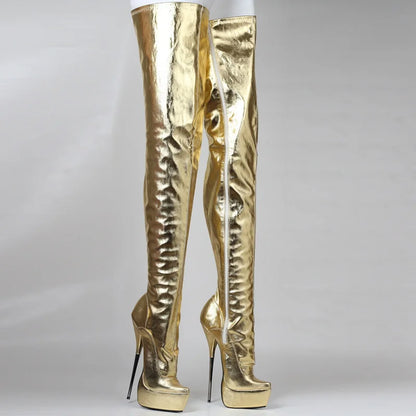 Women Thigh High Boots,Sexy 21cm Stiletto Metal Heel,Platform Long Botas,Unisex Pole Dancing Shoes,Side Zip,Gold,Custom Colors